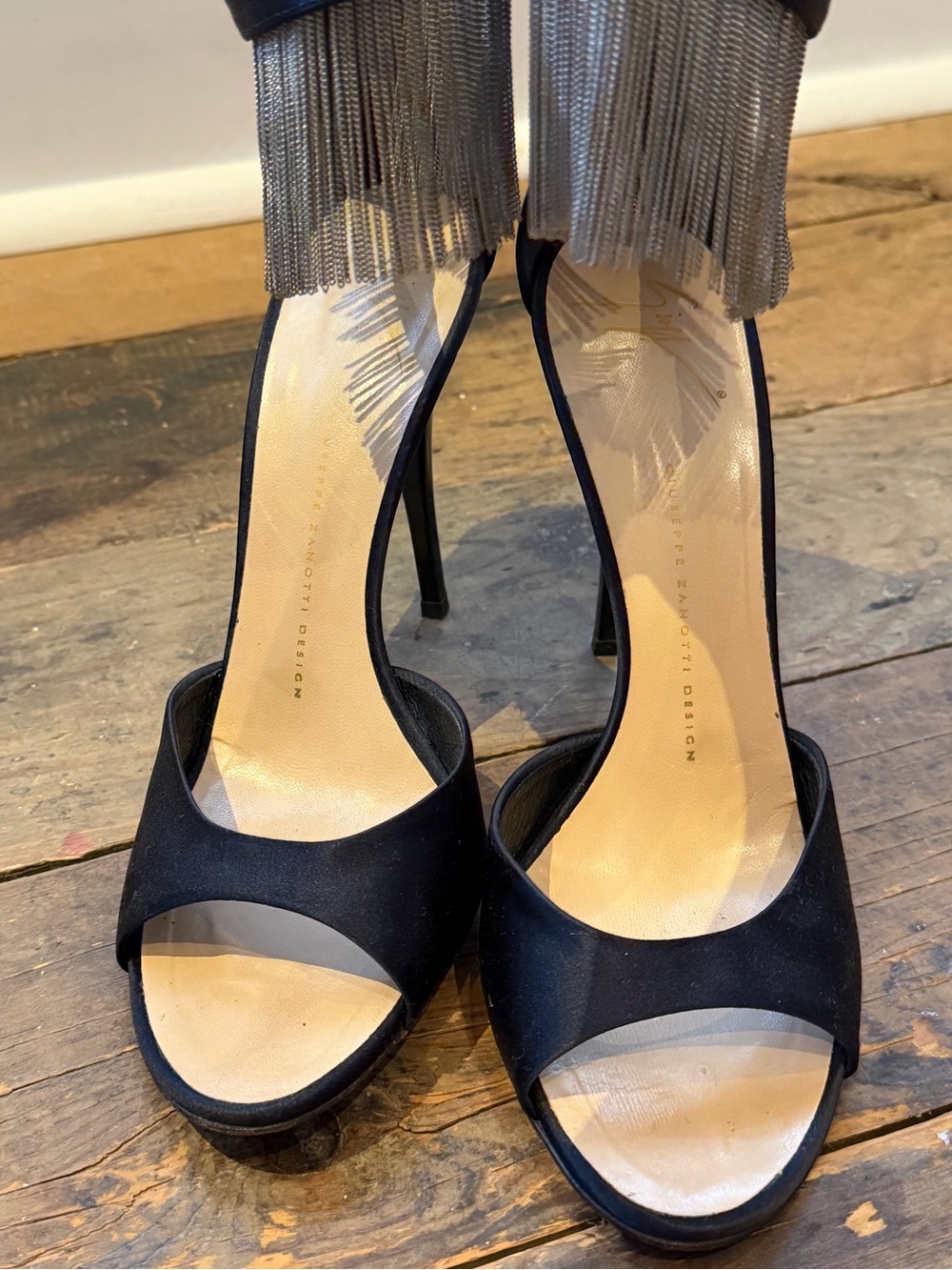 Giuseppe Zanotti Black Open-Toe Fringe Ankle-Strap Stilettos